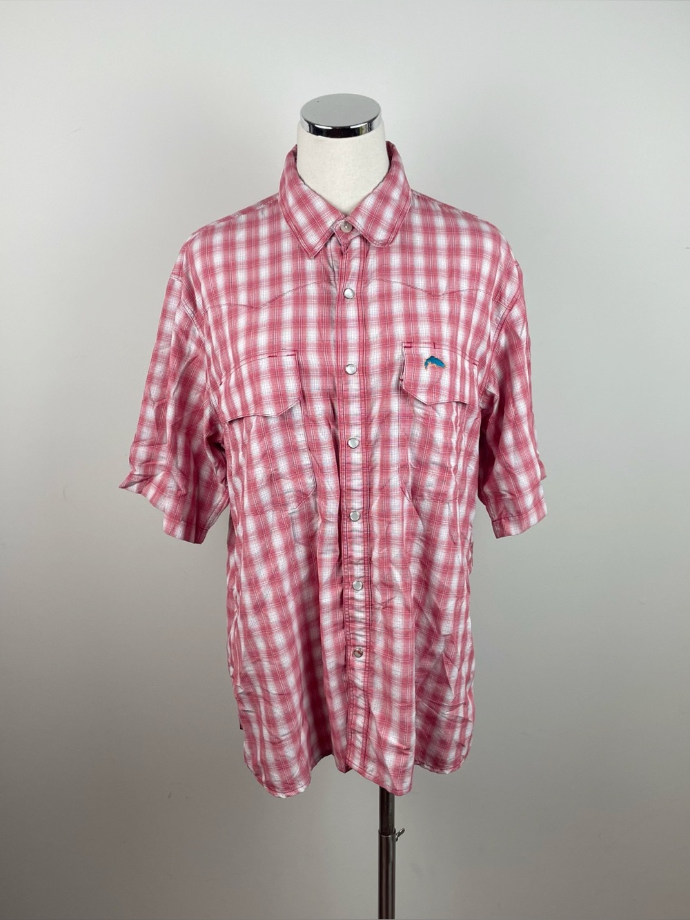Simms Red White Plaid Snap Front Collared Short Sleeve Shirt Top Men Medium